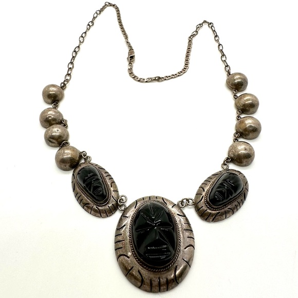🔥 Vintage Tribal Aztec Mask Black Obsidian Silver Necklace - Picture 12 of 17